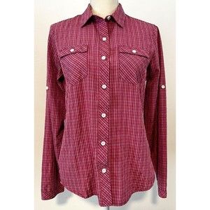 Eddie Bauer Womens Long Sleeve Button Front Top size SP Pink White Pinstriped